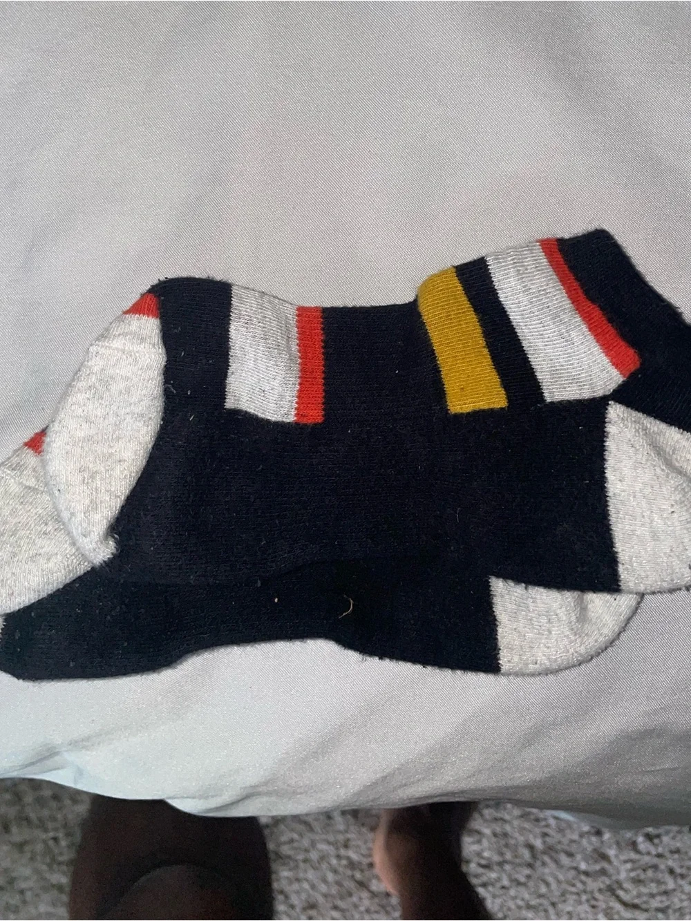 Men's Low-Cut Athletic No-Show Socks in Black with Gray, Red and Yellow Stripes